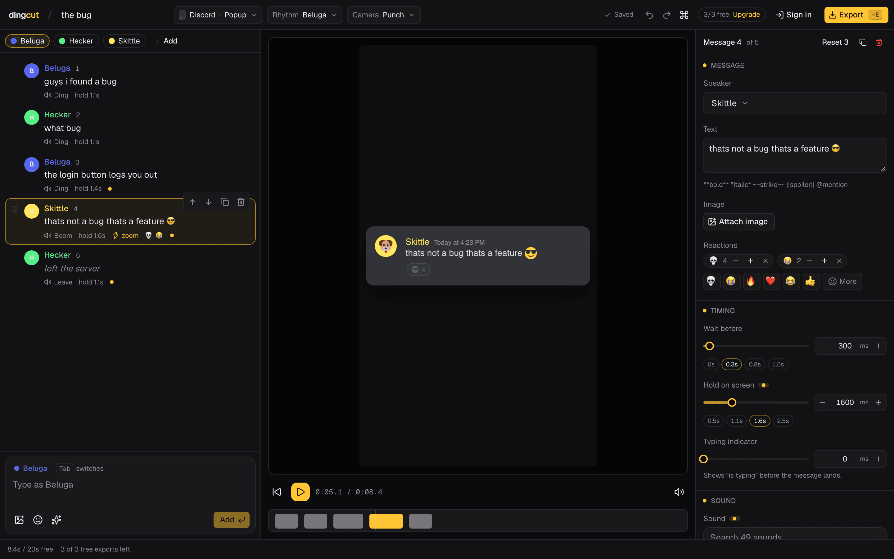 The Dingcut editor: script on the left, video preview in the middle, beat inspector on the right